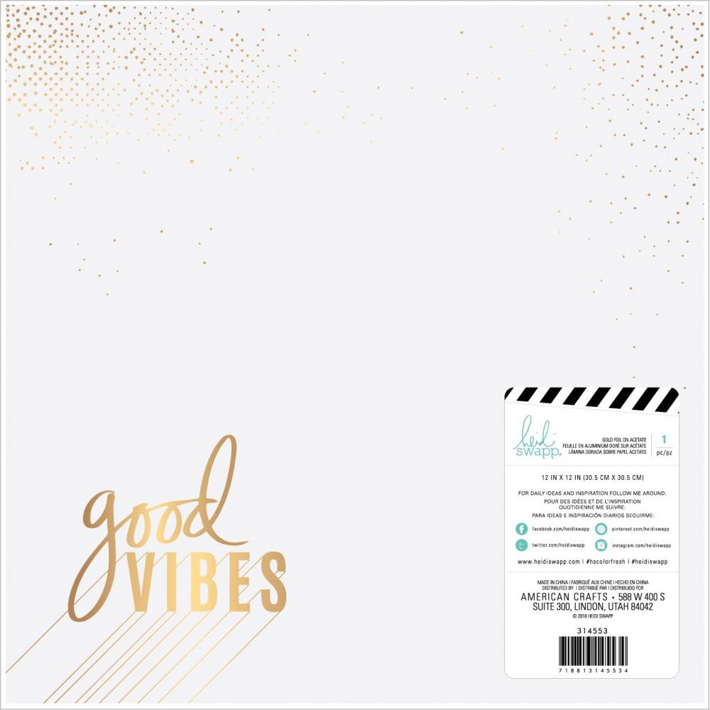 Heidi Swapp Colour Fresh Foiled Clear Acetate Sheet 12"X12" Good Vibes W/Gold Foil Accents - Scrap Of Your Life 