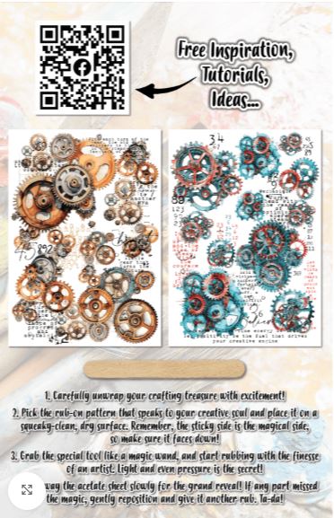 Sheet of steampunk-themed stickers with gears and text, featuring a QR code and promotional text.