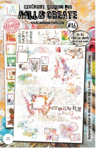 Rub-on sheets with artistic designs and text, featuring AALL & Create branding.
