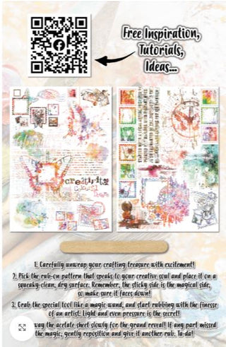 Colorful craft kit with stickers and instructions, featuring a QR code for free inspiration and tutorials.
