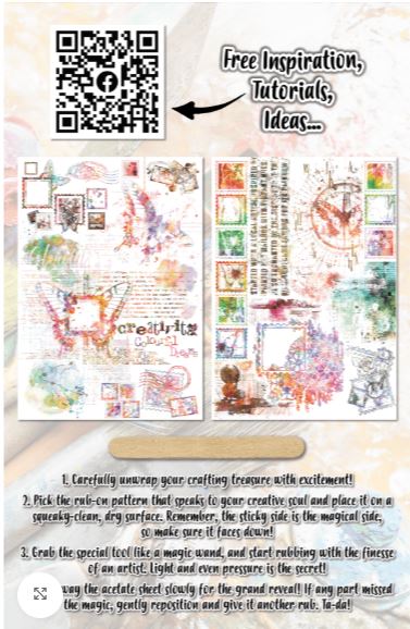 Colorful craft kit with stickers and instructions, featuring a QR code for free inspiration and tutorials.