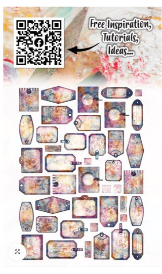 Colorful decorative tags with a QR code and text on a white background