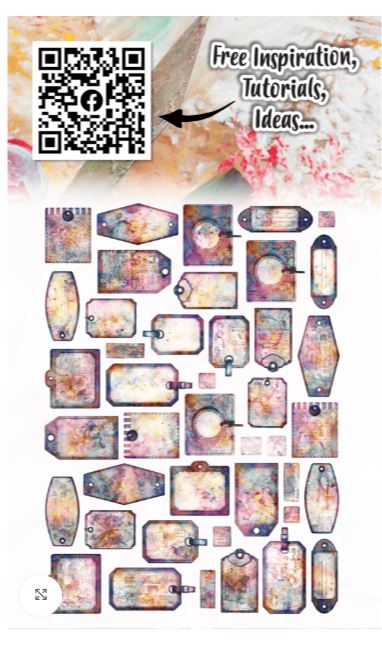 Colorful decorative tags with a QR code and text on a white background