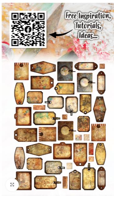 Collection of vintage-style tags with a QR code and text on a decorative background