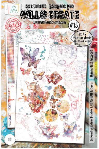 Rub-on transfer sheet with butterfly designs by AALL & Create on a colorful background.
