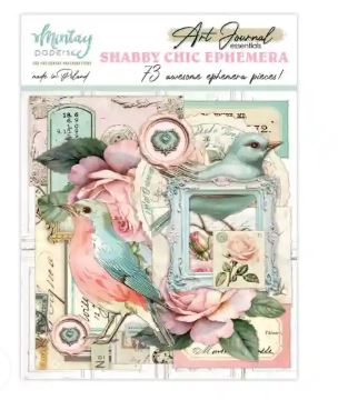 Art journal with shabby chic ephemera featuring birds, flowers, and frames on a white background.