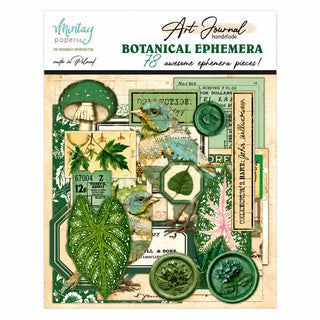 Mintay Art Journal Botanical Ephemera pack with 78 assorted die-cut paper pieces featuring birds, leaves, mushrooms, vintage tickets and botanical designs.
