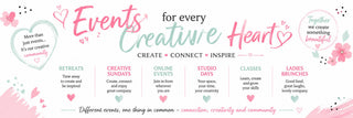 A digital banner or flyer for a creative events company named 'Events Creative Hearts', featuring a white background decorated with pink floral elements, hearts, and various event categories like retreats, creative Sundays, online events, studio days, classes, and ladies brunches.