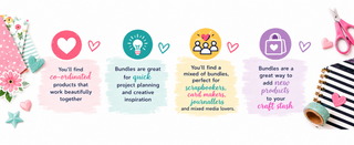 Promotional graphic with colorful icons and text about product bundles and co-ordinated items for craft lovers.