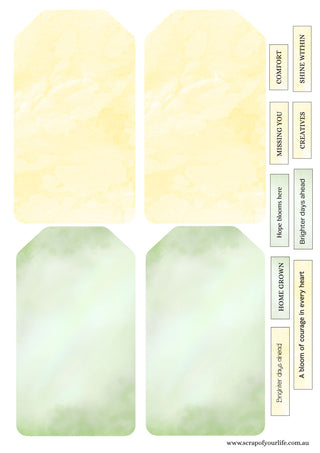 Set of four watercolor tags in yellow and green on a white background with text elements.