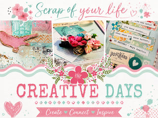 A scrapbook or craft-themed collage with the text 'Scrap of your life' at the top and 'CREATIVE DAYS' in large pink and teal letters across the bottom. The design includes floral decorations, layered paper elements, and small craft items arranged in three photo panels above the main title.