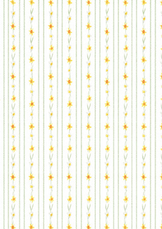 A repeating vertical stripe pattern on a white background, featuring thin light green stripes and small yellow daisy-like flowers with green stems.