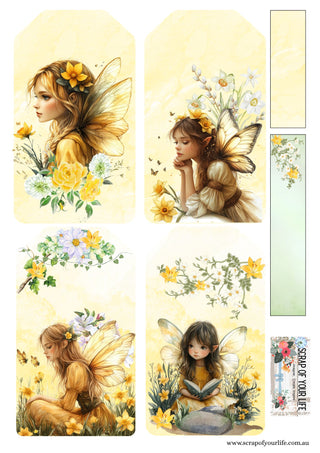 Set of fairy-themed stickers with floral designs on a yellow background.