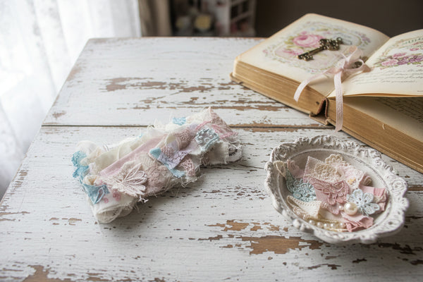 Decorative junk journal lace cover scroll  made of lace and fabric