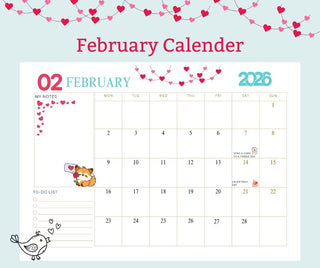 February 2023 calendar with cute design elements on a light blue background