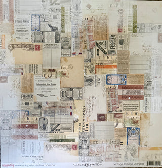 Vintage collage scrapbook paper featuring a layered collage of aged newspaper clippings, stamps, postmarks, and handwritten notes in beige, cream, and muted brown tones, with a white border and product text at the bottom.