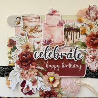 Decorative birthday card with cakes, flowers, and 'celebrate happy birthday' text on a patterned background.