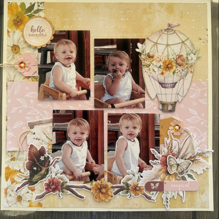Collage of a baby with decorative elements on a textured surface