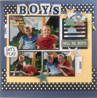 Children's scrapbook page with photos and text on a white background