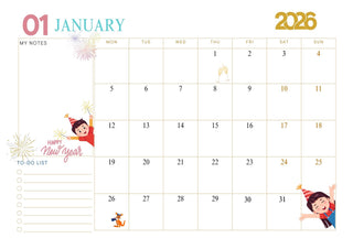 Calendar for January 2026 with cartoon characters and New Year's elements.