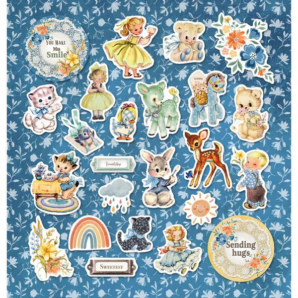 Memory Place  'My Dear Friend II' journaling cards featuring animals and children on a blue floral patterned background.