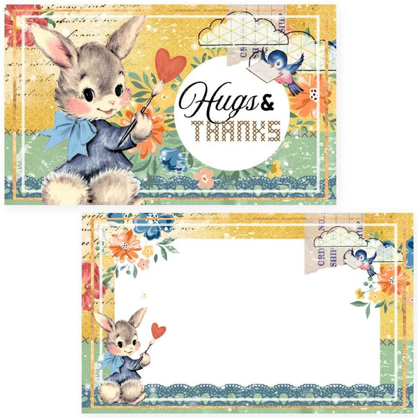 Memory Place  My Dear Friend II'journaling cards Two vintage-style cards with cartoon bunnies and floral designs, featuring the text 'Hugs & Thanks'.