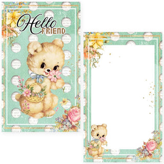 Memory Place  My Dear Friend II journaling cards  teddy bear design and 'Hello Friend' text on a floral-themed background.