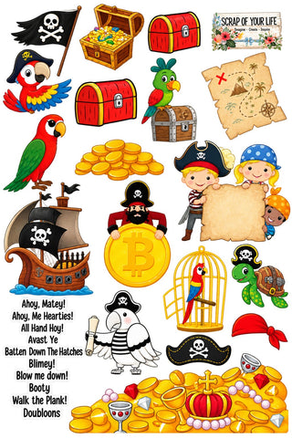 A sheet of pirate-themed doublebloon stickers or clipart featuring colorful parrots, treasure chests, gold coins, a pirate ship, a treasure map, a parrot in a cage, a turtle, and cartoon pirate children, with text including 'Scrap of your life' and pirate songs.
