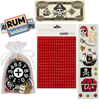 Kaiser Craft Mini Alpha Stickers pirate-themed set featuring a red alphabet sticker sheet, a black-and-white pirate coin sticker, a pirate flag sticker, a treasure chest sticker, a pirate boot sticker, and a small bag of assorted stickers.