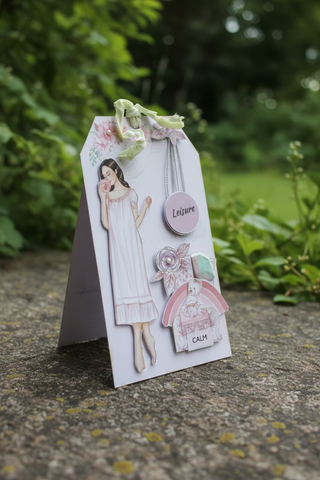 Decorative tag with illustrations of a woman, a cat, and text on a textured surface