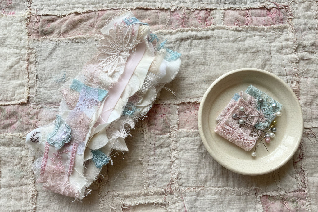 Decorative junk journal snippet lace cover wrap made of lace and fabric