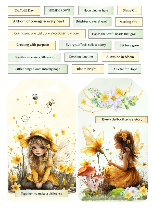 Illustrations of fairies and floral elements with motivational text on a light background