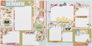 Two scrapbook paper or card layout designs shown side by side, featuring summer beach-themed decorative frames, floral accents, bunting, and text boxes including 'SUMMER', 'holiday', 'by the seaside', and 'story'.