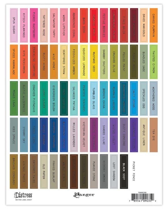 Tim Holtz Distress Ink Pad Label Sheets Color swatch chart white background 