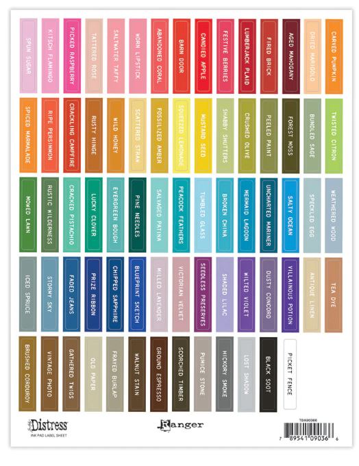 Tim Holtz Distress Ink Pad Label Sheets Color swatch chart for ink or paint, white 