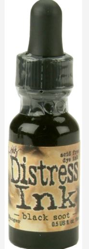 Bottle of Tim Holtz Distress Ink in black soot color on a white background