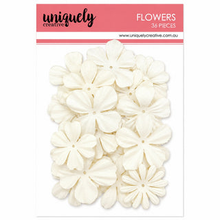 Uniquely Creative 'Flowers' paper craft embellishment set, containing 36 off-white/cream paper flowers in a white package with a pink header card.