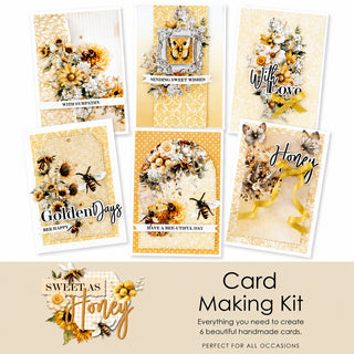 A card making kit display showing six decorative greeting cards with honeybee and floral designs, plus a kit cover graphic reading 'Sweet as Honey' and 'Card Making Kit' on a beige background.