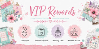 A promotional graphic for a 'VIP Rewards' program, featuring four illustrated reward categories: 'Earn Points', 'Member Rewards', 'Birthday Treat', and 'Redeem & Save'. The design uses a soft pastel color palette with pink, green, and purple accents, surrounded by decorative craft-themed flat-lay props like floral cards, ribbon, and embellishments.