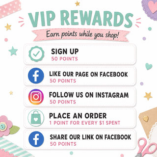 A digital graphic outlining VIP Rewards points for shoppers. It features a white background decorated with pastel pink, teal, and gold accents, including stars, hearts, and ribbon details.