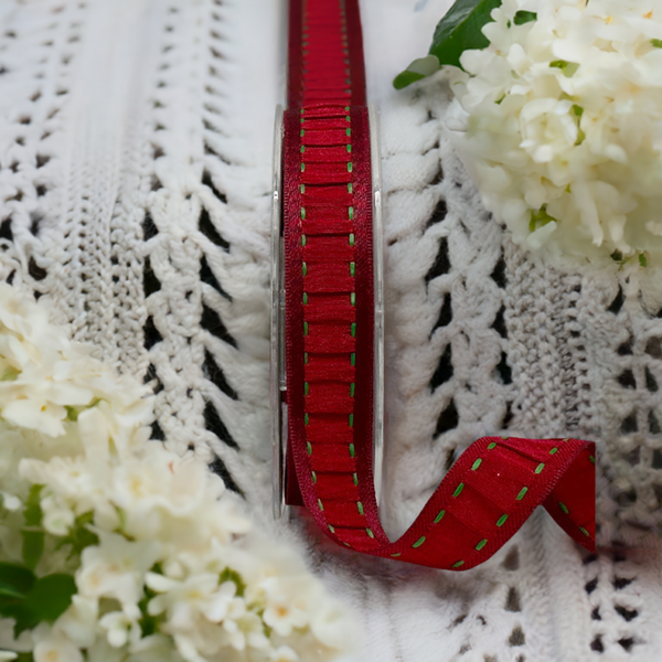 Barama Ribbon - Rouch Red Satin Stitched Ribbon - Scrap Of Your Life 