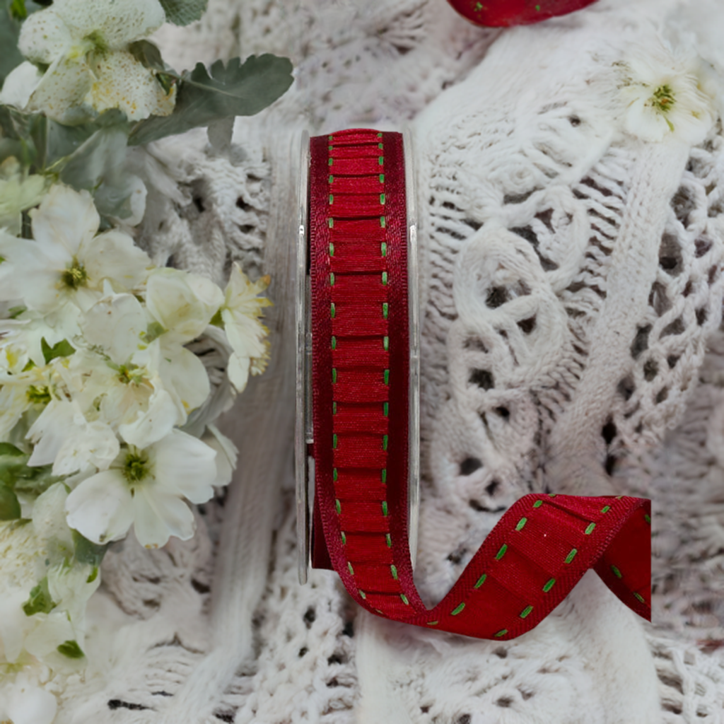 Barama Ribbon - Rouch Red Satin Stitched Ribbon - Scrap Of Your Life 