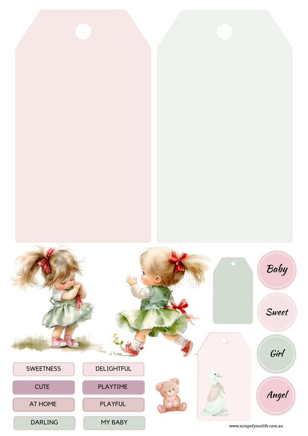 Little Girl Sage and Pink Tag Set - Scrap Of Your Life 