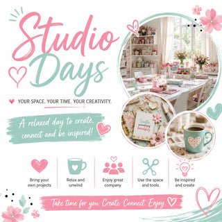 Promotional graphic for 'Studio Days' featuring a bright, decorated home office interior, a pink and mint coffee mug, and various decorative icons and text on a white background.