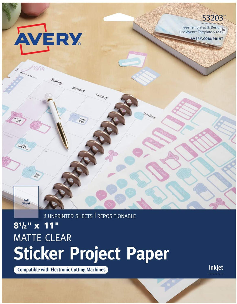Avery Matte Clear Sticker Project Paper 8.5" x 11" (3 unprinted sheets) - Scrap Of Your Life 
